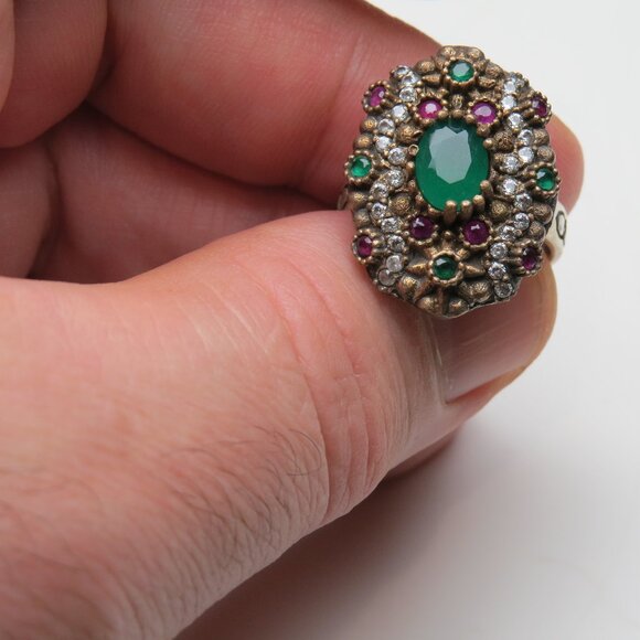 *925 Sterling Silver Diamond Emerlad Ruby Ring - Picture 1 of 3